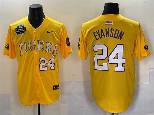 Men%27s LSU Tigers #24 Anthony Eyanson Gold 2025 World Series & SEC Patch Stitched Baseball Jersey