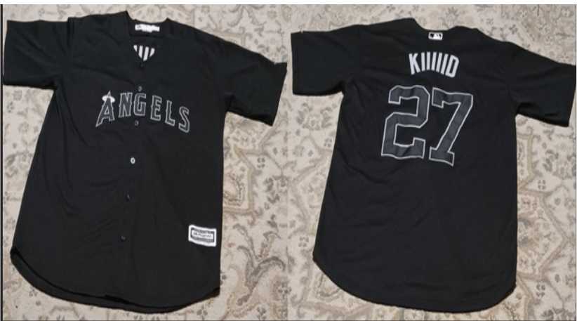 Men%27s Los Angeles Angels #27 Mike Trout KIIIIID Black Stitched Jersey
