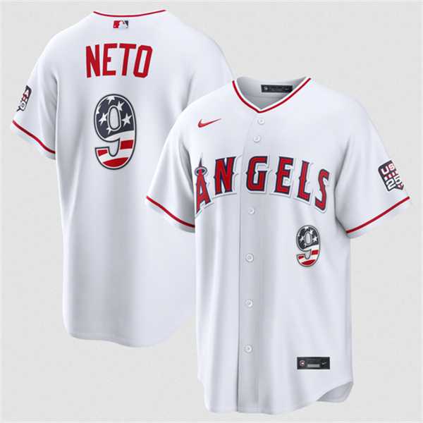 Men%27s Los Angeles Angels #9 Zach Neto 2026 White USA 250 Fourth of July Home Stadium Stitched Jersey Dzhi