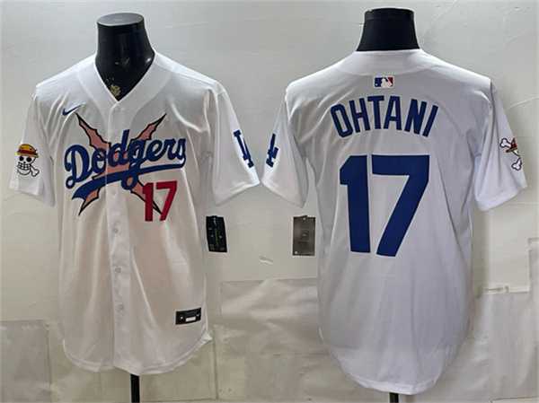 Men%27s Los Angeles Dodgers x One Piece #17 Shohei Ohtani White Vapor Premier Limited Stitched Jersey