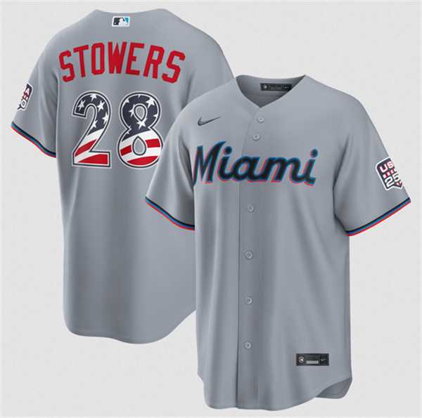 Men%27s Miami Marlins #28 Kyle Stowers Gray USA 250 Fourth of July Home Stitched Jersey Dzhi