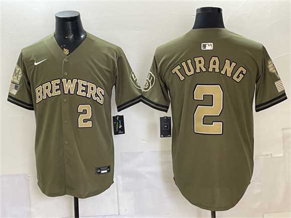 Men%27s Milwaukee Brewers #2 Brice Turang Olive 2026 Armed Forces Day Stitched Jersey Dzhi