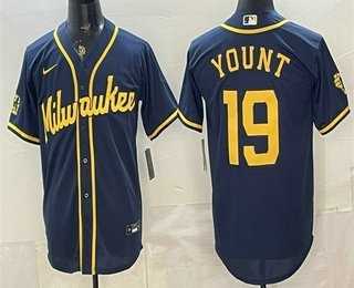 Men%27s Milwaukee Brewers #19 Robin Yount Navy Blue Stitched Cool Base Jersey