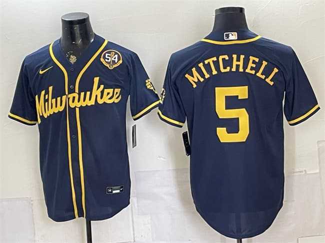 Men%27s Milwaukee Brewers #5 Garrett Mitchell Navy With Home & Bob Uecker Patch Limited Stitched Jersey