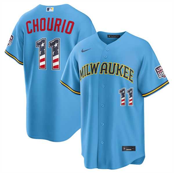 Men%27s Milwaukee Brewers #11 Jackson Chourio Blue 2026 USA 250 Fourth of July Home Stadium Stitched Jersey Dzhi