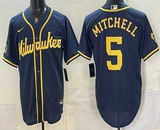 Men%27s Milwaukee Brewers #5 Garrett Mitchell Navy Blue Stitched Cool Base Jersey