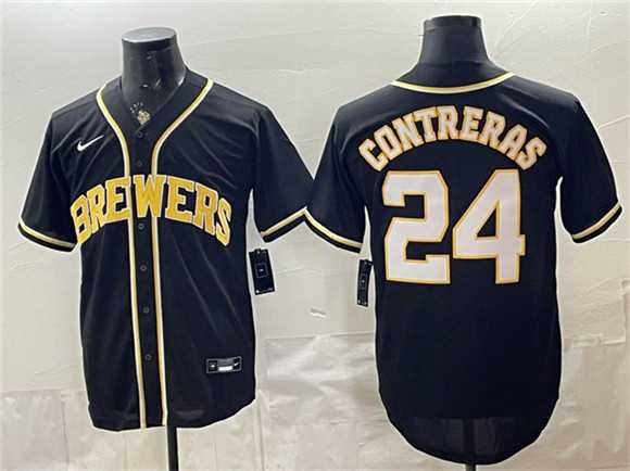Men%27s Milwaukee Brewers #24 William Contreras 2026 Fashion Replica Black Out Stitched Jersey