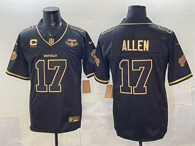 Men%27s Buffalo Bills #17 Josh Allen Black Gold 2025 F.U.S.E. %27Rivalries%27 With Farewell Patch & 4-Star C Patch Vapor Limited Stitched Jersey