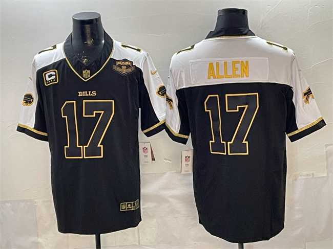 Men%27s Buffalo Bills #17 Josh Allen Black Gold 2025 F.U.S.E. With Farewell Patch & 4-Star C Patch Vapor Limited Stitched Jersey