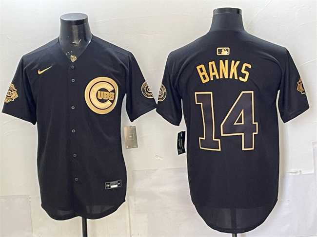 Men%27s Chicago Cubs #14 Ernie Banks Black Gold 150th Anniversary Patch Stitched Jersey Dzhi