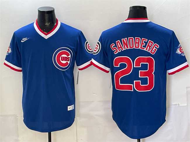 Men%27s Chicago Cubs #23 Ryne Sandberg Royal 150th Anniversary Throwback Vapor Limited Stitched Jersey
