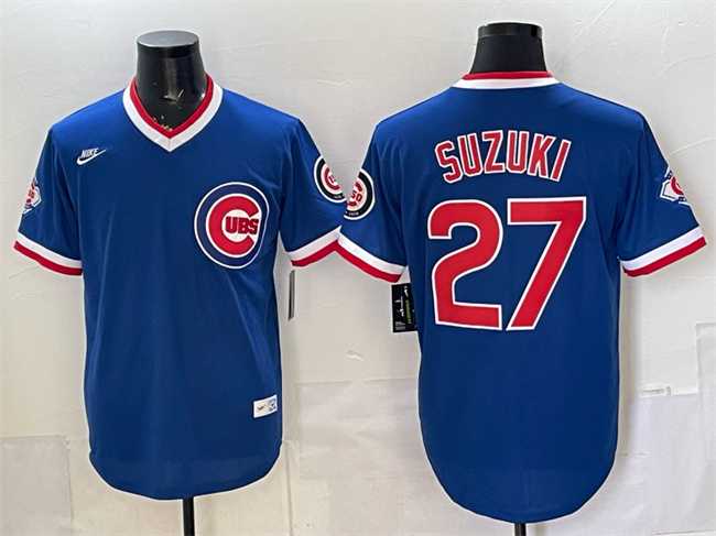 Men%27s Chicago Cubs #27 Seiya Suzuki Royal 150th Anniversary Throwback Vapor Limited Stitched Jersey