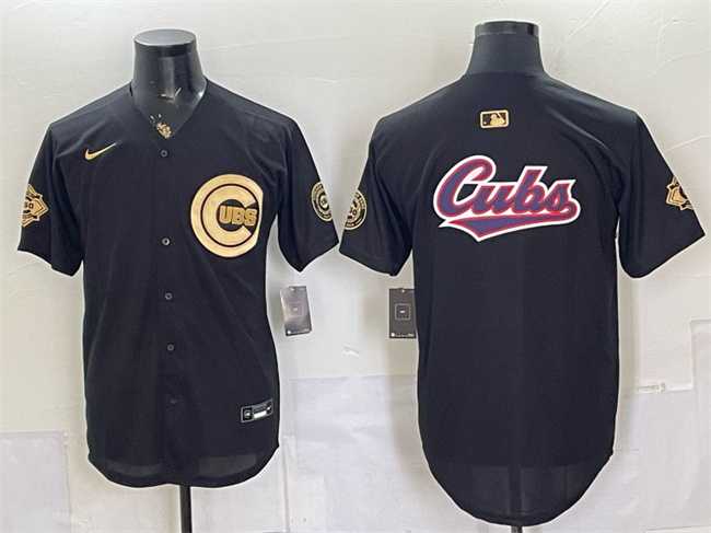 Men%27s Chicago Cubs Team Big Logo Black Gold 150th Anniversary Patch Stitched Jersey Dzhi