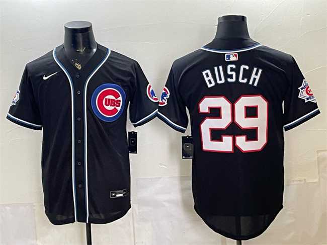 Men%27s Chicago Cubs #29 Michael Busch 150th Anniversary Black Out Style Vapor Premier Limited Stitched Jersey