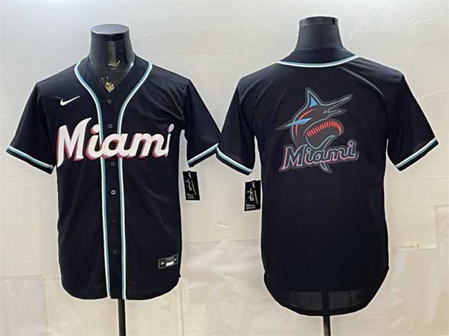 Men%27s Miami Marlins Team Big Logo 2026 Fashion Replica Black Out Stitched Jersey Dzhi