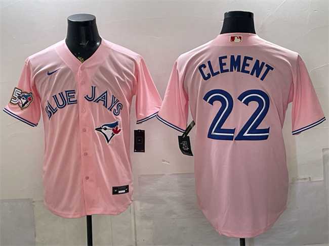 Men%27s Toronto Blue Jays #22 Ernie Clement Pink 50 Seasons Patch Stitched Jersey