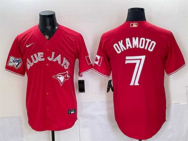 Men%27s Toronto Blue Jays #7 Kazuma Okamoto Red 50 Seasons Patch Stitched Jersey