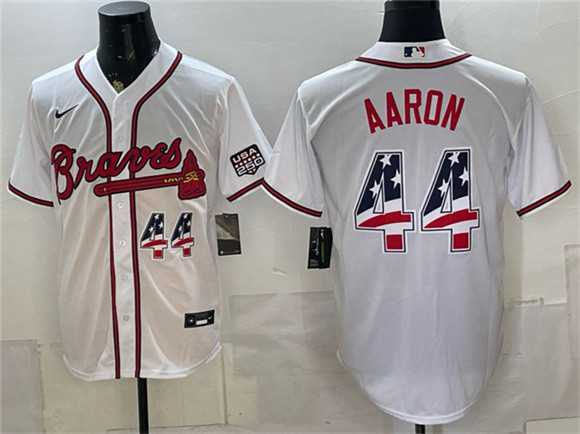 Men%27s Atlanta Braves #44 Hank Aaron White USA 250 Fourth of July Home Stadium Stitched Jersey Dzhi