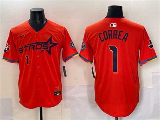 Men%27s Houston Astros #1 Carlos Correa Orange 2025 City Connect With Texas Patch Limited Stitched Jersey