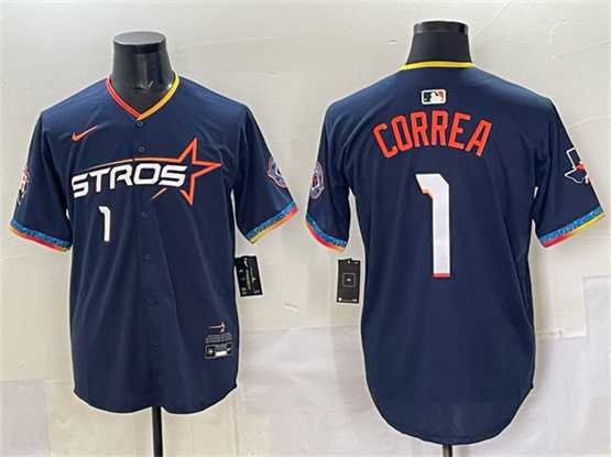 Men%27s Houston Astros #1 Carlos Correa Navy 2025 City Connect With Texas Patch Limited Stitched Jersey