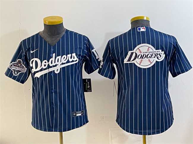 Youth Los Angeles Dodgers Team Big Logo Navy Pinstripe 2025 World Series Champions Patch Cool Base Stitched Jersey