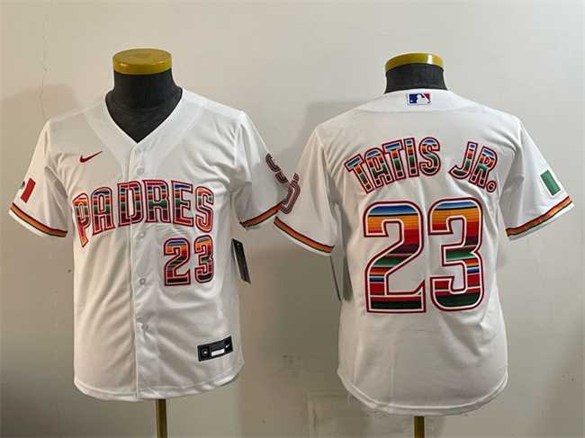 Youth San Diego Padres #23 Fernando Tatis Jr. White Mexico Cool Base Stitched Jersey