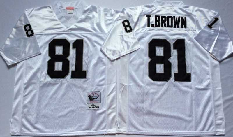 Men%27s Raiders #81 Tim Brown White Throwback Stitched Football Jersey