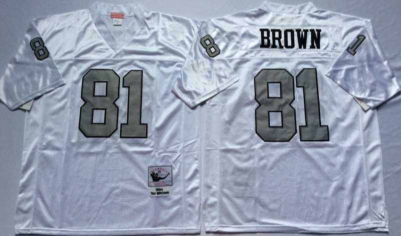 Men%27s Raiders #81 Tim Brown White Silver Throwback Stitched Football Jersey