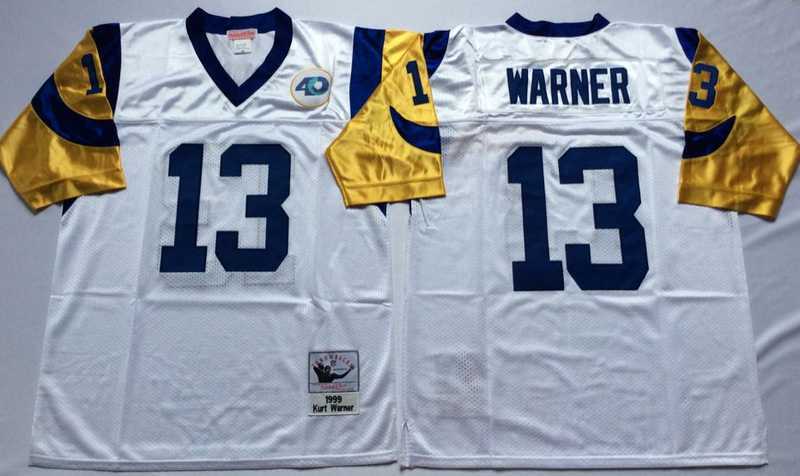 Men%27s Rams #13 Kurt Warner White Throwback Stitched Football Jersey
