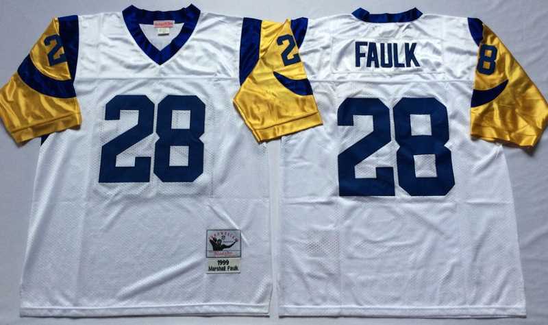 Men%27s Rams #28 Marshall Faulk White Throwback Stitched Football Jersey