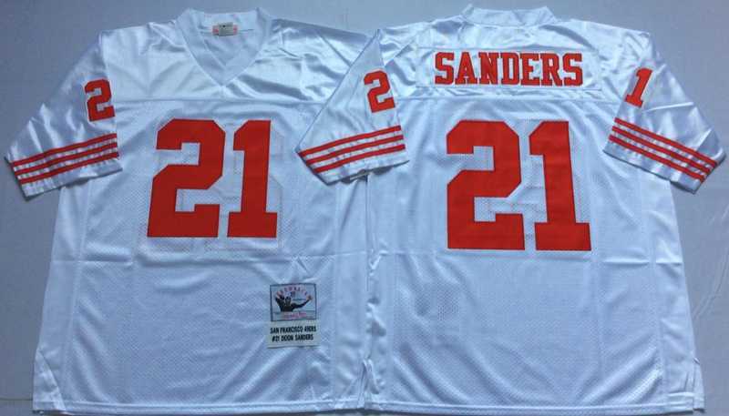 Men%27s San Francisco 49ers #21 Deion Sanders White Throwback Stitched Football Jersey