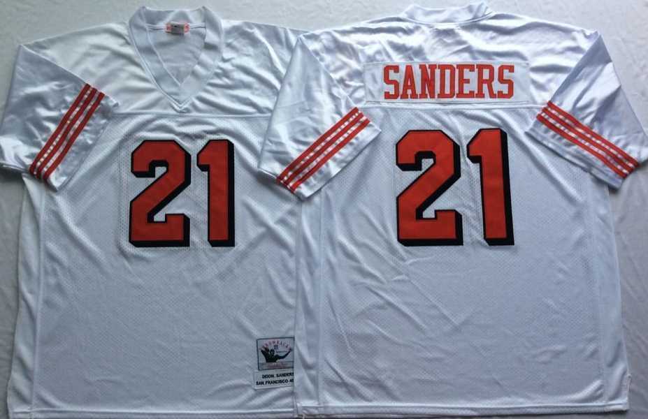 Men%27s San Francisco 49ers #21 Deion Sanders White 75th Throwback Stitched Football Jersey