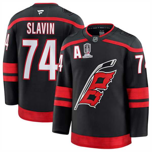 Men%27s Carolina Hurricanes #74 Jaccob Slavin Black 2026 Stanley Cup Champions And A Patch Home Stitched Jersey Dzhi