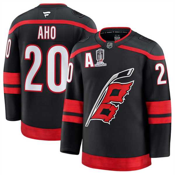 Men%27s Carolina Hurricanes #20 Sebastian Aho Black 2026 Stanley Cup Champions And A Patch Home Stitched Jersey Dzhi