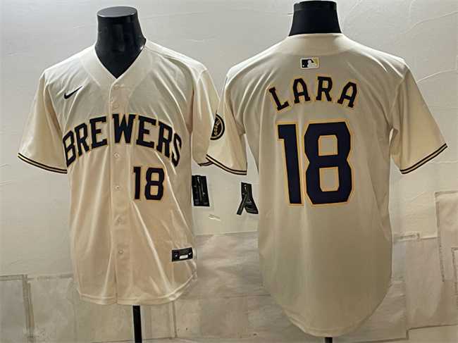 Men%27s Milwaukee Brewers #18 Luis Lara Cream Stitched Jersey