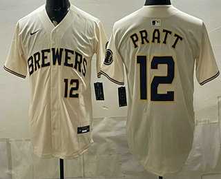 Men%27s Milwaukee Brewers #12 Cooper Pratt Cream Stitched Jersey