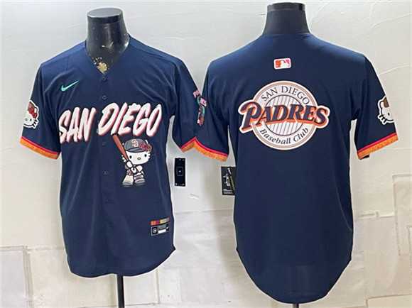 Men%27s San Diego Padres X Hello Kitty Team Big Logo Obsidian 2026 City Connect Stadium Stitched Baseball Jersey