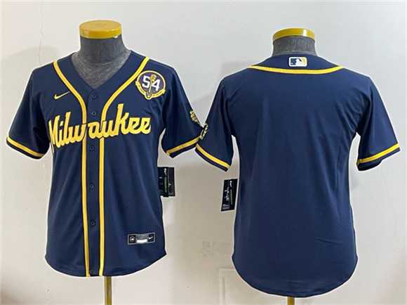 Youth Milwaukee Brewers Blank Navy With Home & Bob Uecker Patch Limited Stitched Jersey