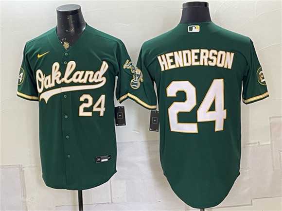 Men%27s Oakland Athletics #24 Rickey Henderson Green With Patch Stitched Jersey