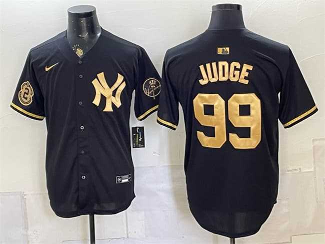 Men%27s New York Yankees #99 Aaron Judge Black Gold With Patch Stitched Jersey Dzhi