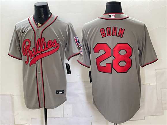 Men%27s Philadelphia Phillies #28 Alec Bohm Gray 2026 Field of Dreams Stadium Stitched Jersey