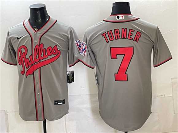 Men%27s Philadelphia Phillies #7 Trea Turner Gray 2026 Field of Dreams Stadium Stitched Jersey
