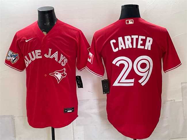 Men%27s Toronto Blue Jays #29 Joe Carter Red 50 Seasons Patch Stitched Jersey Dzhi