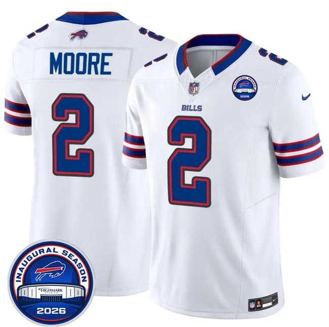 Men%27s Buffalo Bills #2 D.J. Moore White F.U.S.E. 2026 Inaugural Season at Highmark Stadium Patch Stitched Jersey Dzhi