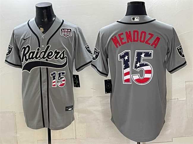 Men%27s Las Vegas Raiders #15 Fernando Mendoza Gray USA 250 Fourth of July Vapor Limited Stitched Baseball Jersey Dzhi