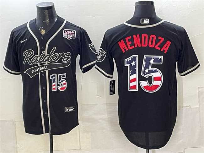 Men%27s Las Vegas Raiders #15 Fernando Mendoza Black USA 250 Fourth of July Vapor Limited Stitched Baseball Jersey Dzhi