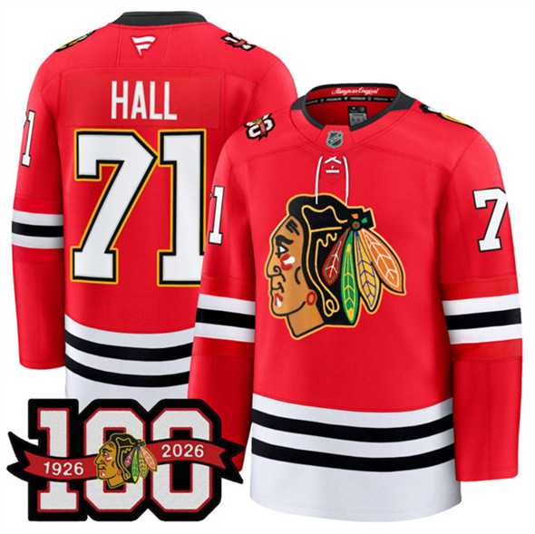 Men%27s Chicago Blackhawks #71 Taylor Hall Red 2025 Home 100th Anniversary Stitched Hockey Jersey Dzhi