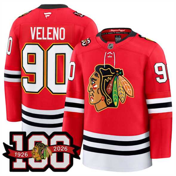 Men%27s Chicago Blackhawks #90 Joe Veleno Red 2025 Home 100th Anniversary Stitched Hockey Jersey Dzhi