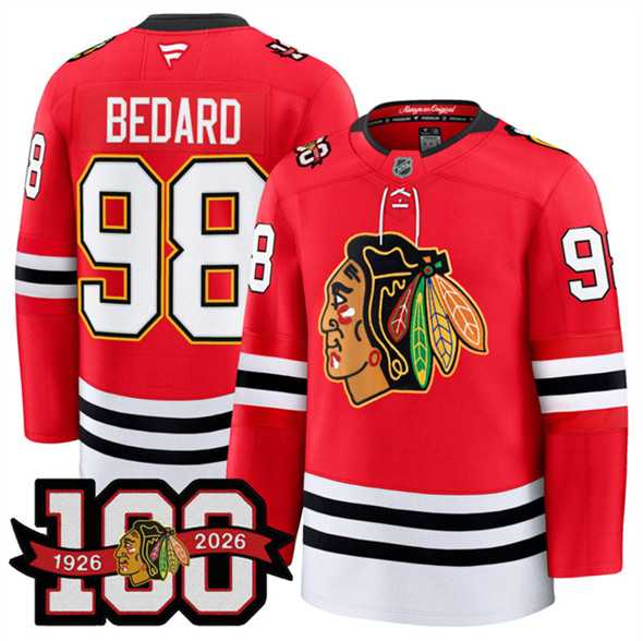 Men%27s Chicago Blackhawks #98 Connor Bedard Red 2025 Home 100th Anniversary Stitched Hockey Jersey Dzhi
