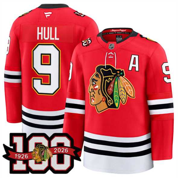 Men%27s Chicago Blackhawks #9 Bobby Hull Red 2025 Home 100th Anniversary Stitched Hockey Jersey Dzhi